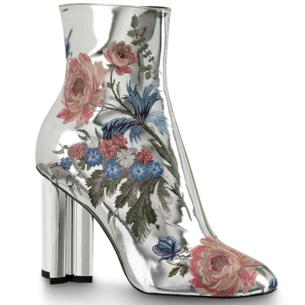 Louis Vuitton Floral Monogram Metallic Silver Ankle Boots